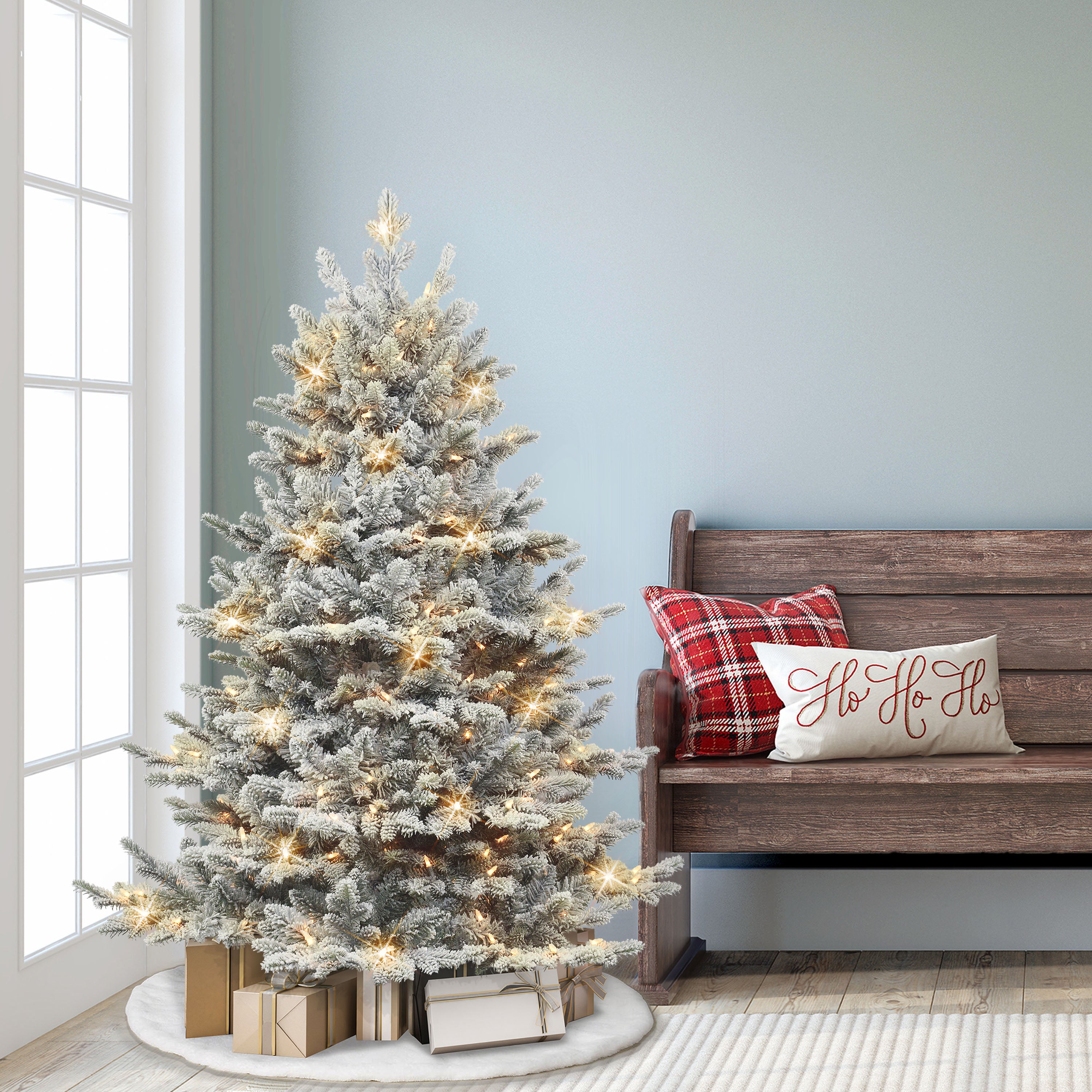 4.5ft Pre-lit Flocked Royal Majestic Douglas Fir Downswept Christmas Tree Sure-Lit Pole®